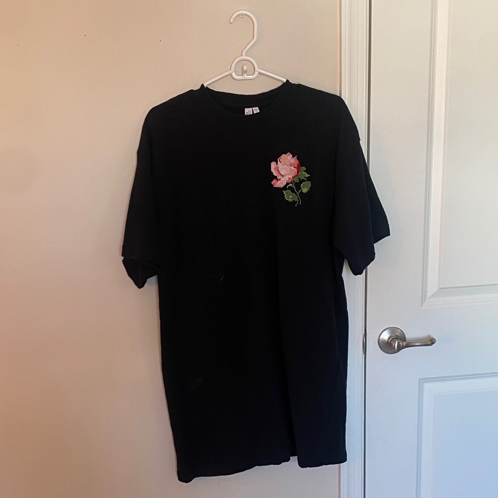 Black T-Shirt Dress with Floral Embroidery